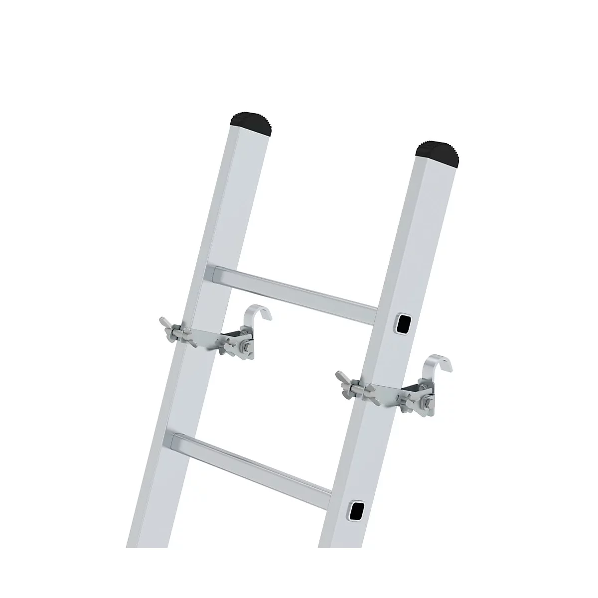 Sectie van een zilveren ladder. Haken om aan de muur te hangen. Zwarte rubberen doppen op de uiteinden van de sporten.