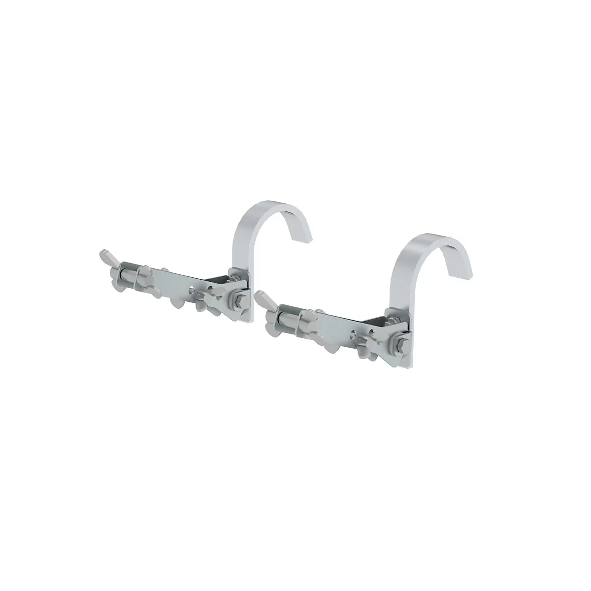 Twee metalen beugels, gebogen, met hendels en schroeven, op een witte achtergrond.