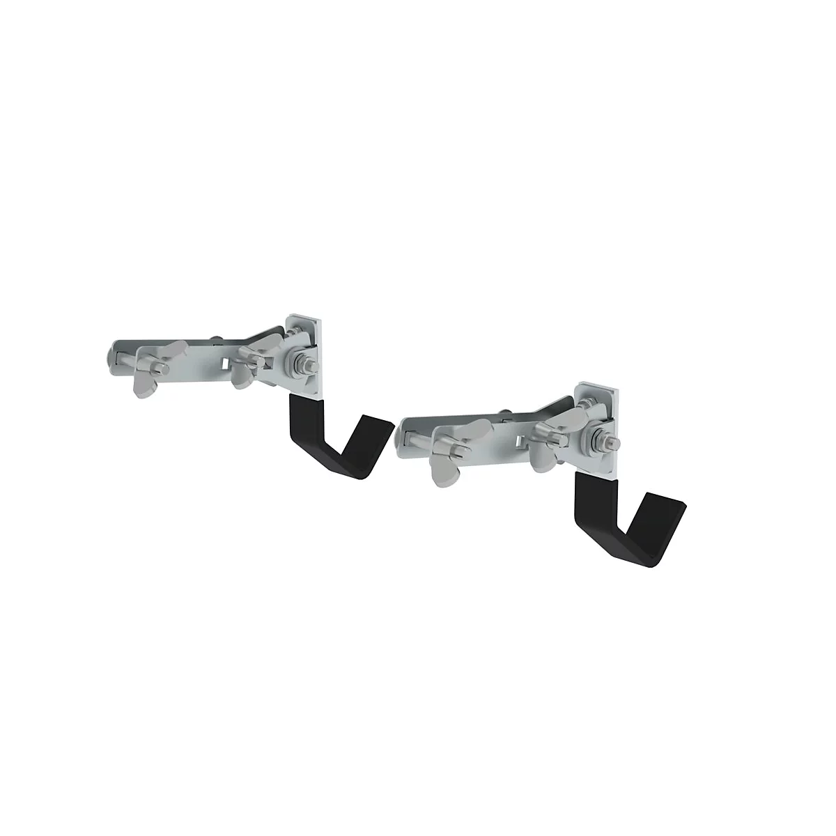 Twee metalen wandhaken met zwarte rubberen pads. Op een lichte achtergrond.