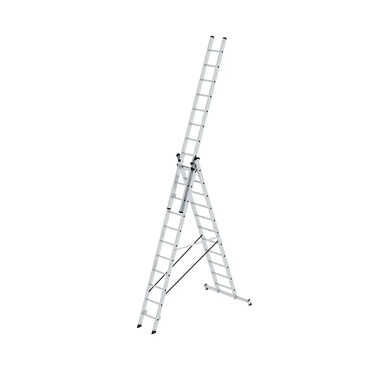 Uitschuifbare aluminium ladder tegen een witte achtergrond. Een deel van de ladder staat schuin.