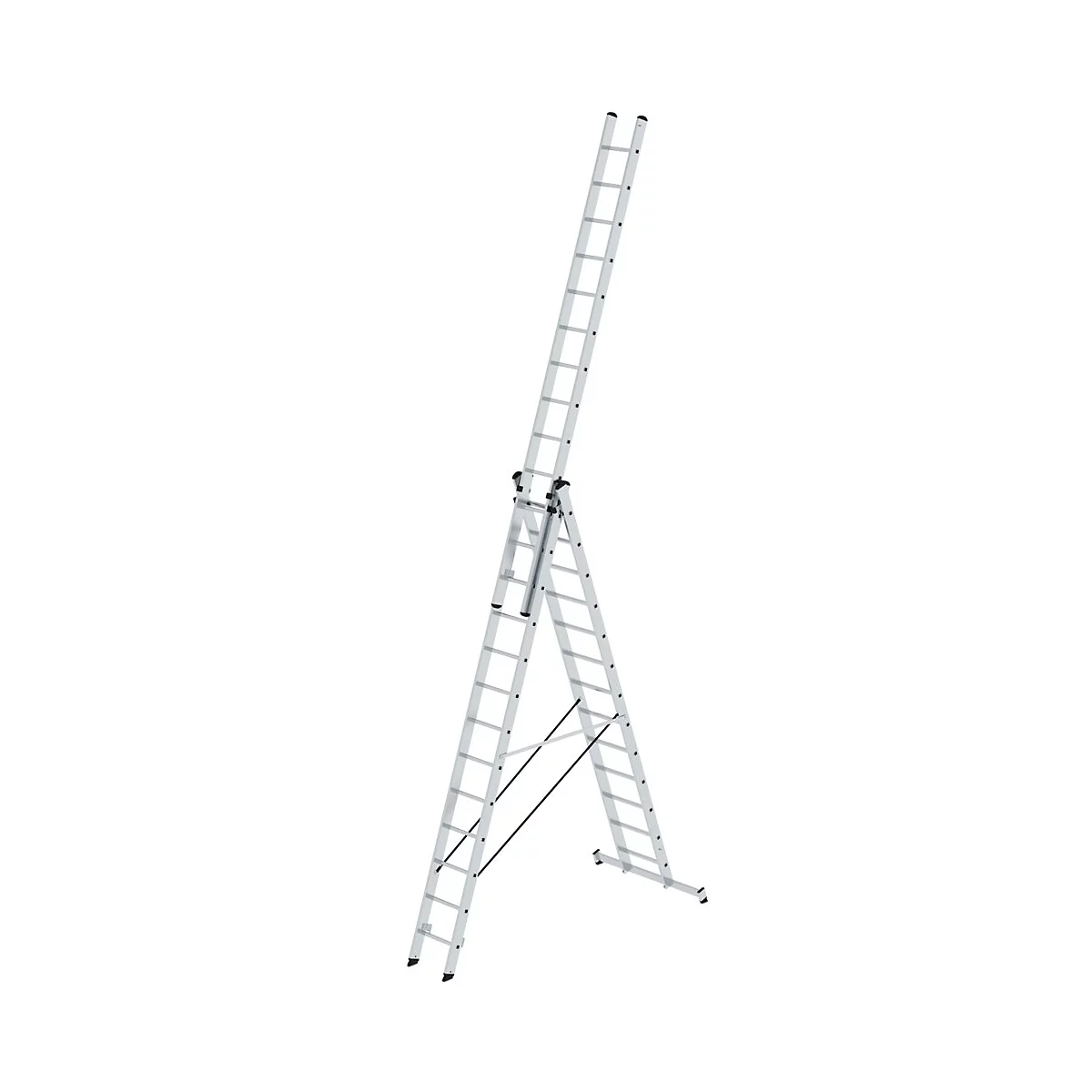 Een zilveren ladder, deels opgesteld als een aanleadder en deels als een trap, tegen een witte achtergrond.