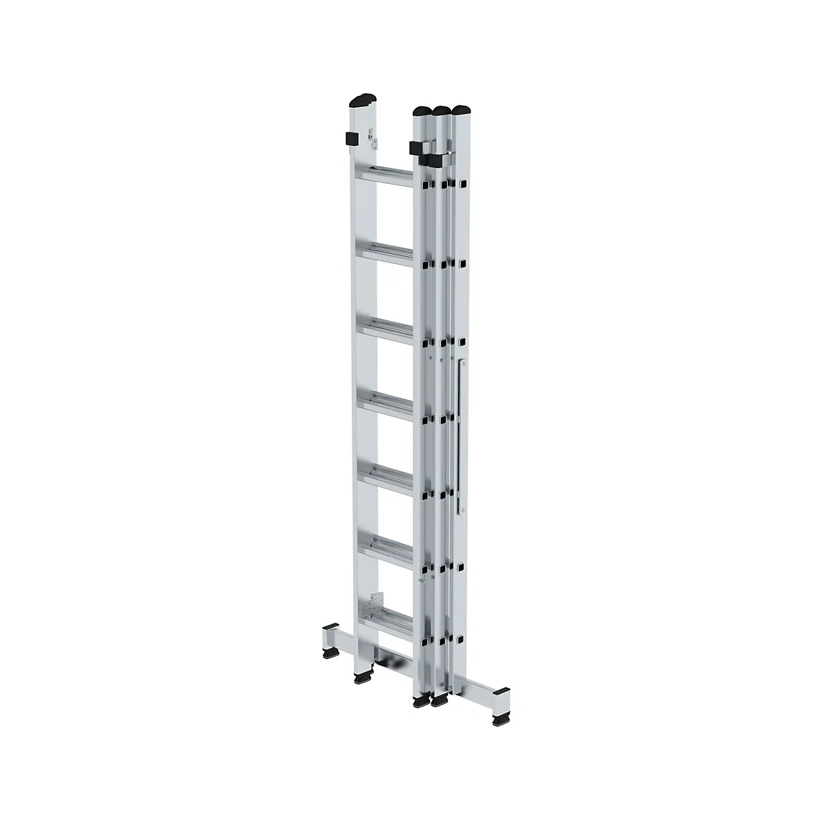 Een zilveren, meerdelige ladder, gedeeltelijk opgevouwen, tegen een witte achtergrond.