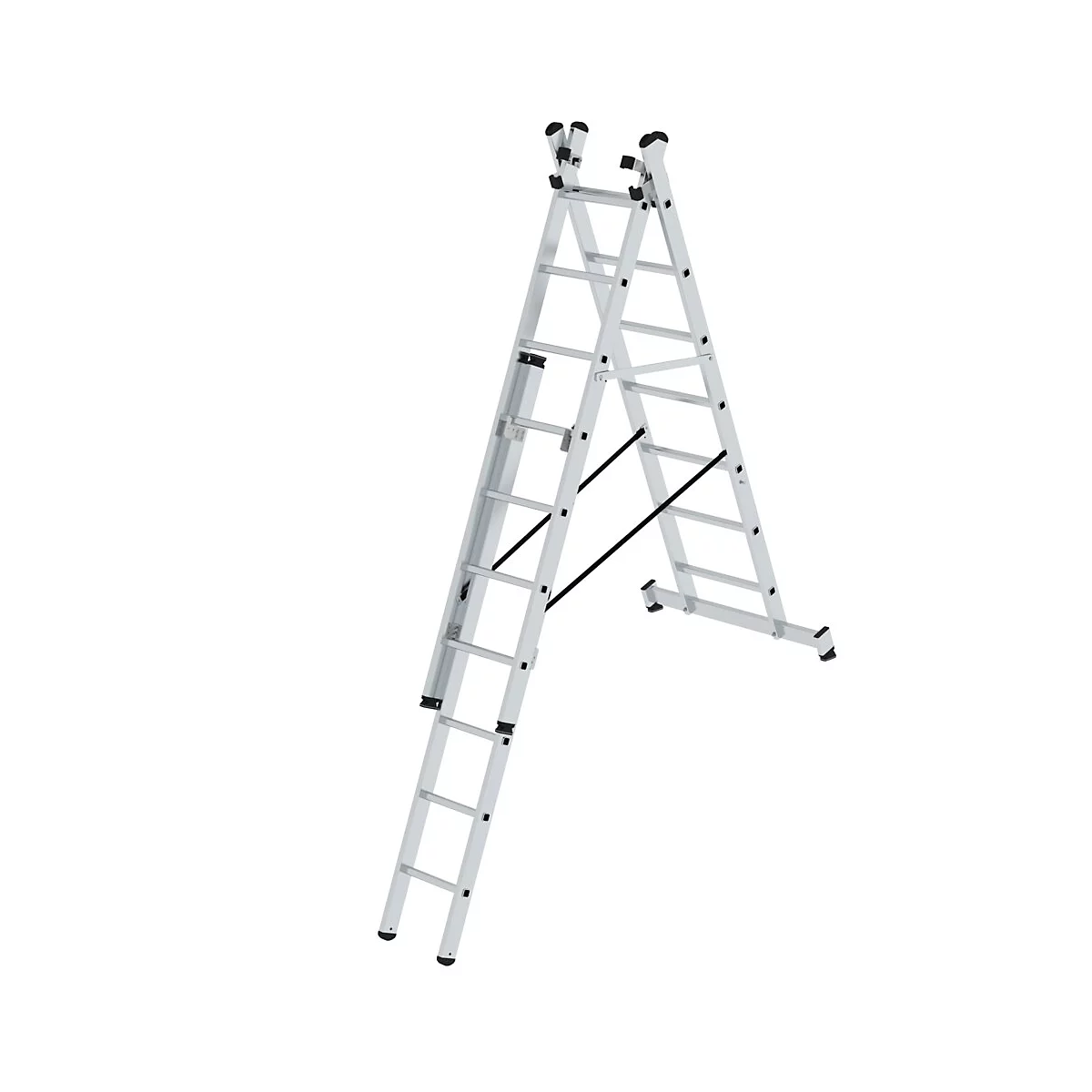 Aluminium ladder op een witte achtergrond. De ladder is uitgeklapt.