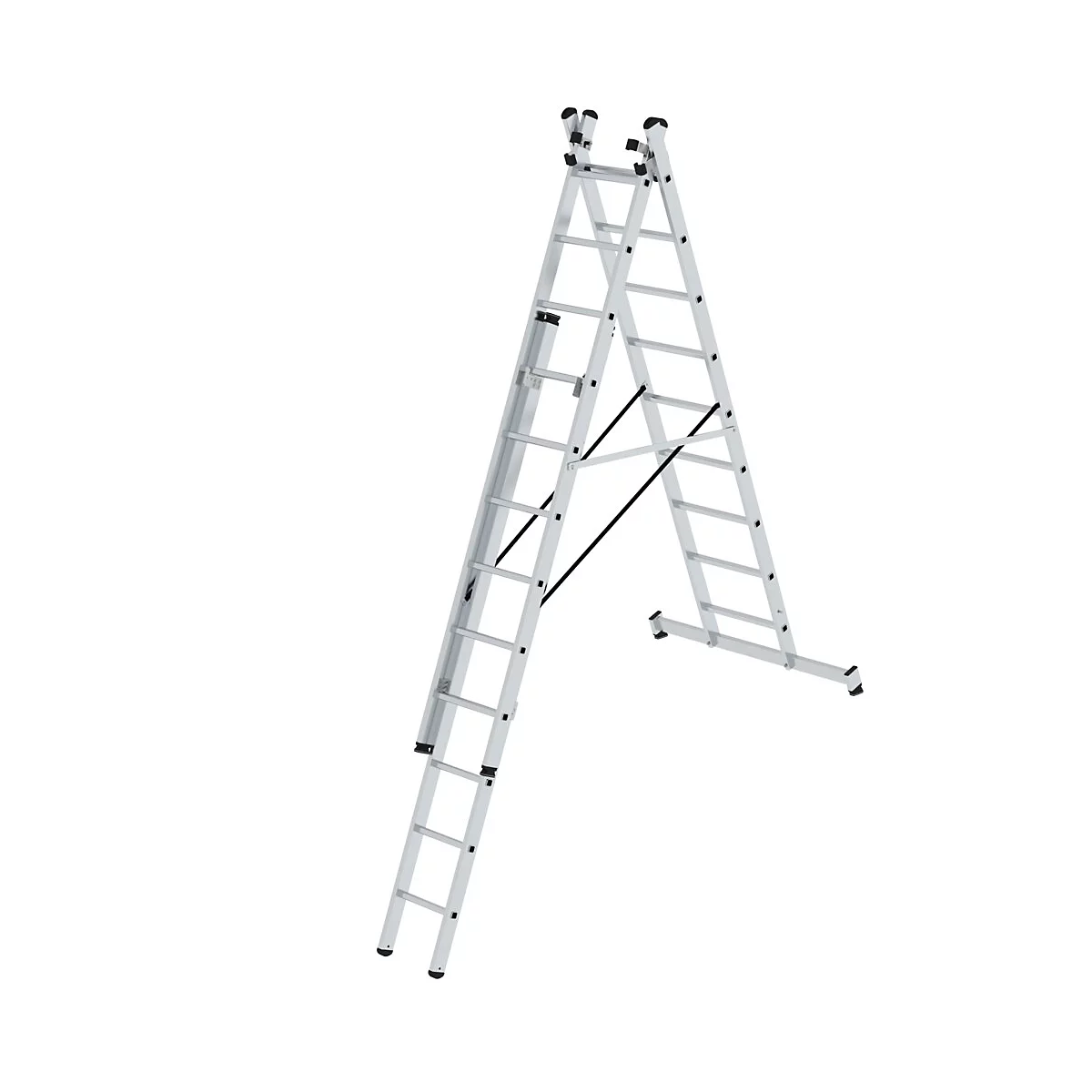 Multifunctionele metalen ladder in A-vorm. Eén deel is uitgeklapt.