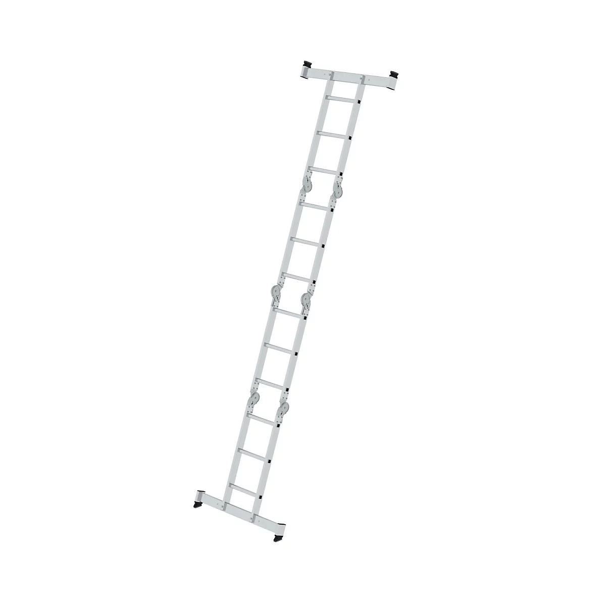 Grijze multifunctionele telescopische ladder, schuin tegen een witte achtergrond.