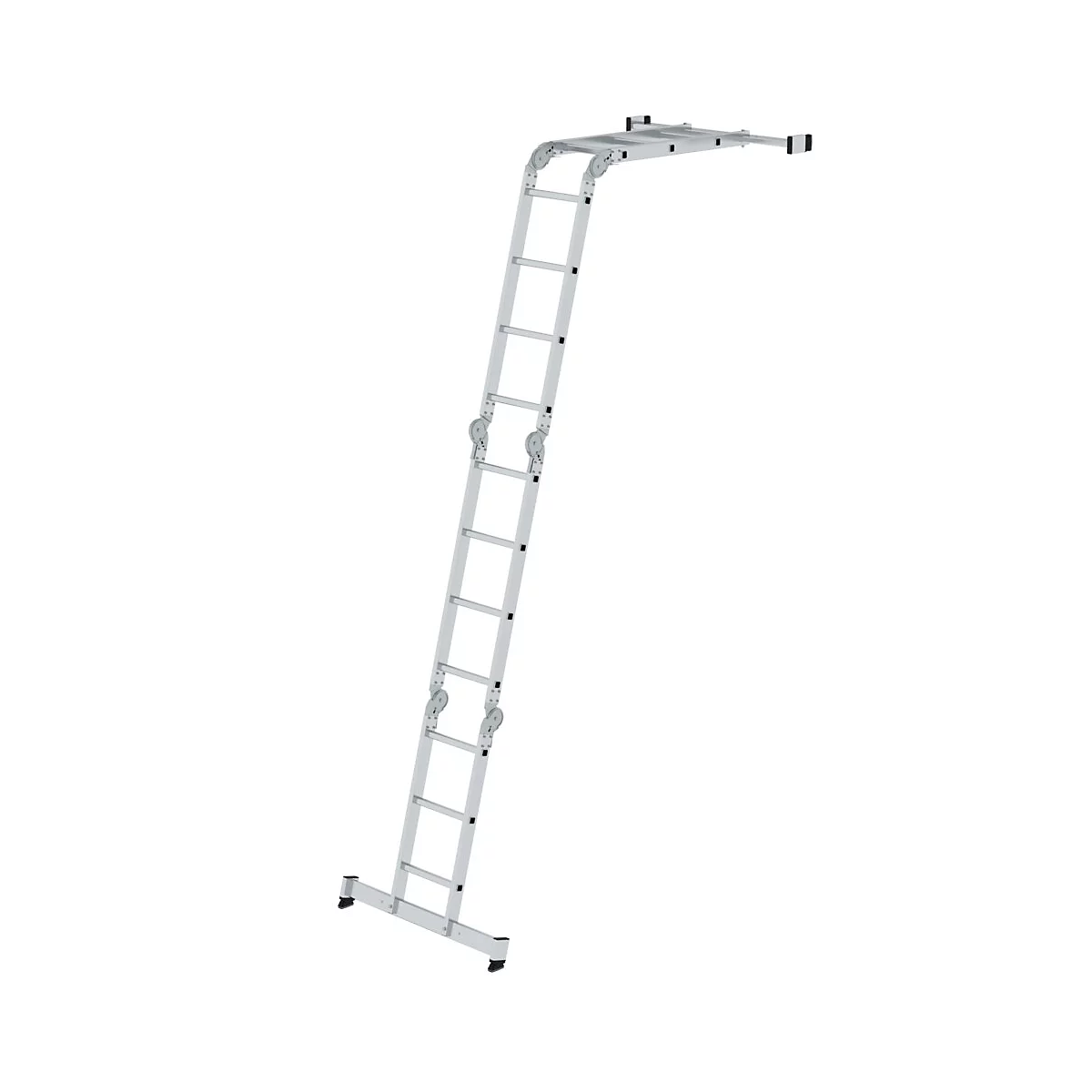 Een zilveren multifunctionele ladder, gedeeltelijk uitgeklapt, in een bovenaanzicht tegen een witte achtergrond.