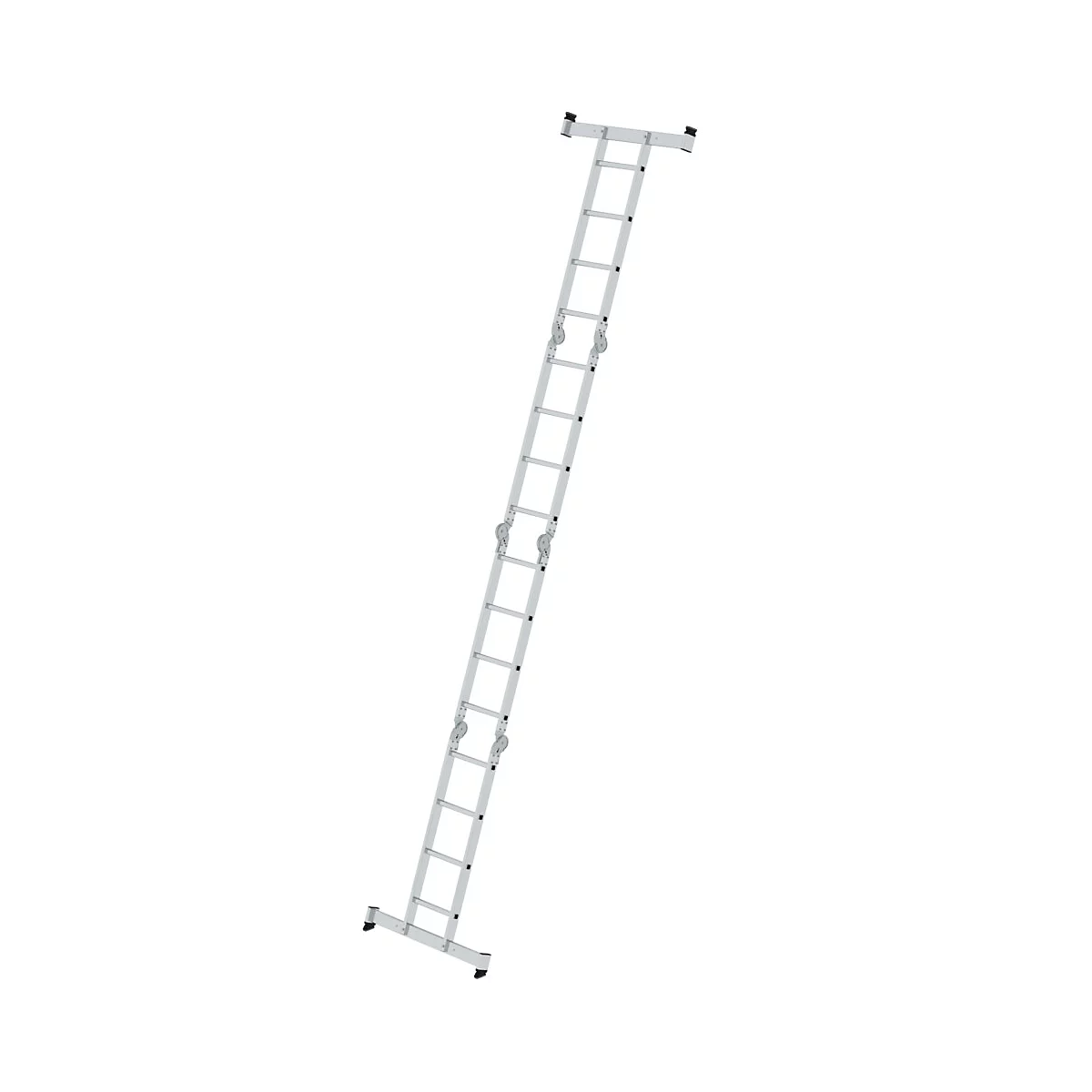 Een zilveren, uitschuifbare ladder tegen een witte achtergrond. Het bovenste deel is breder dan het onderste.