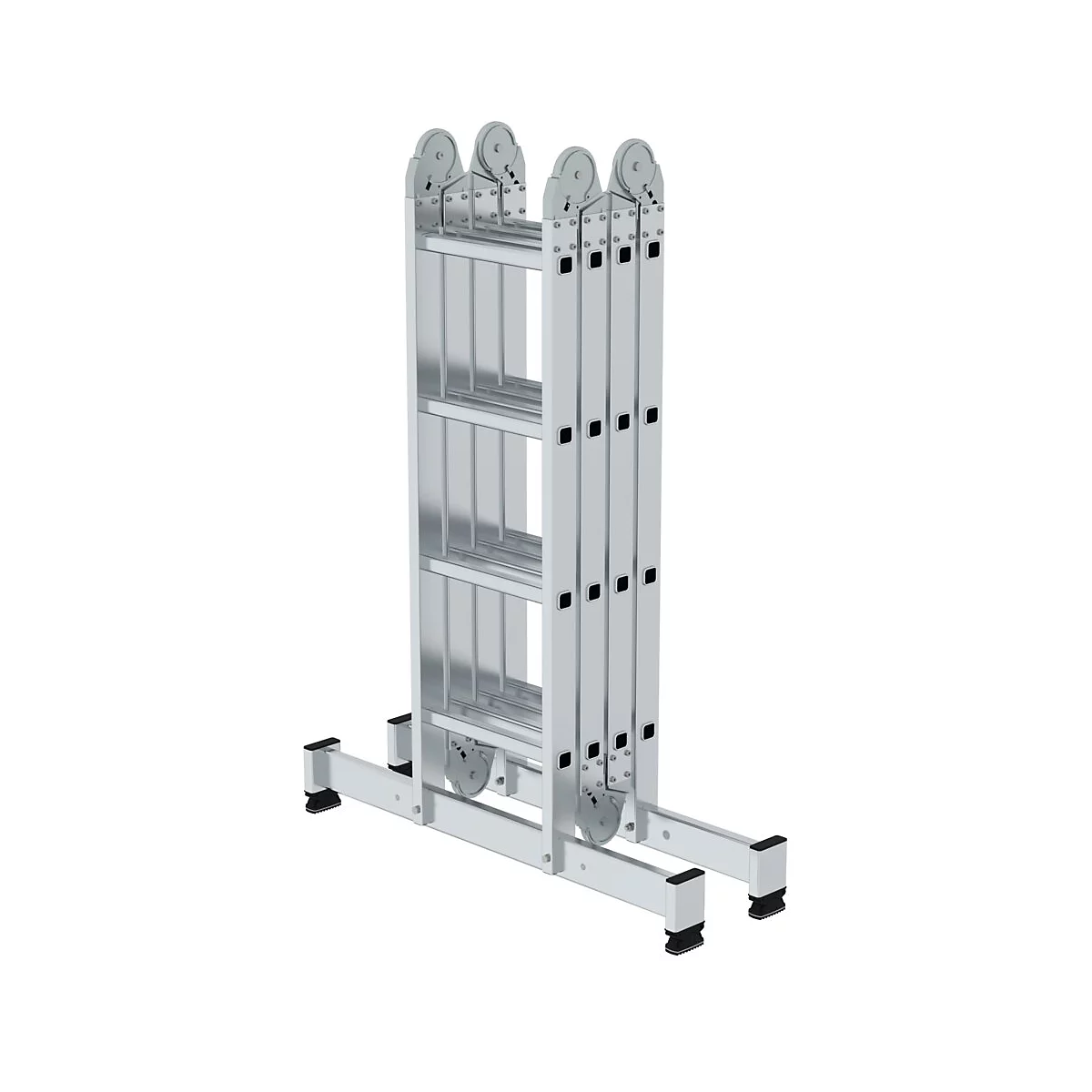 Zilveren multifunctionele ladder in opgevouwen toestand. Hij heeft meerdere scharnieren en kan in verschillende posities worden gebruikt.