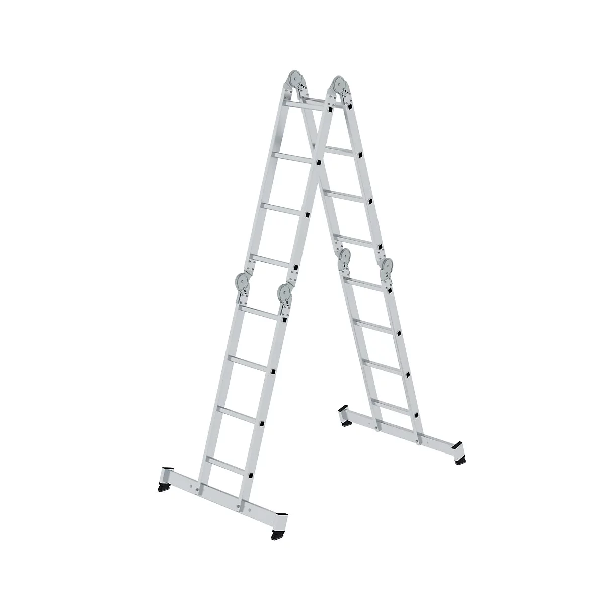 Een zilveren multifunctionele ladder staat tegen een witte achtergrond. Hij is in A-vorm opgesteld en kan als aanleuningladder worden gebruikt.