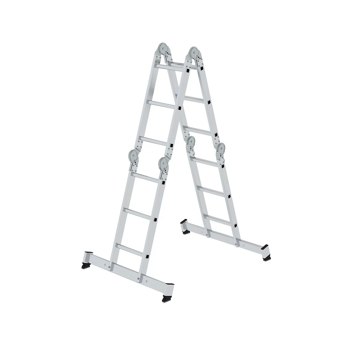 Een zilverkleurige multifunctionele ladder in opengeklapte toestand. De ladder staat tegen een witte achtergrond.
