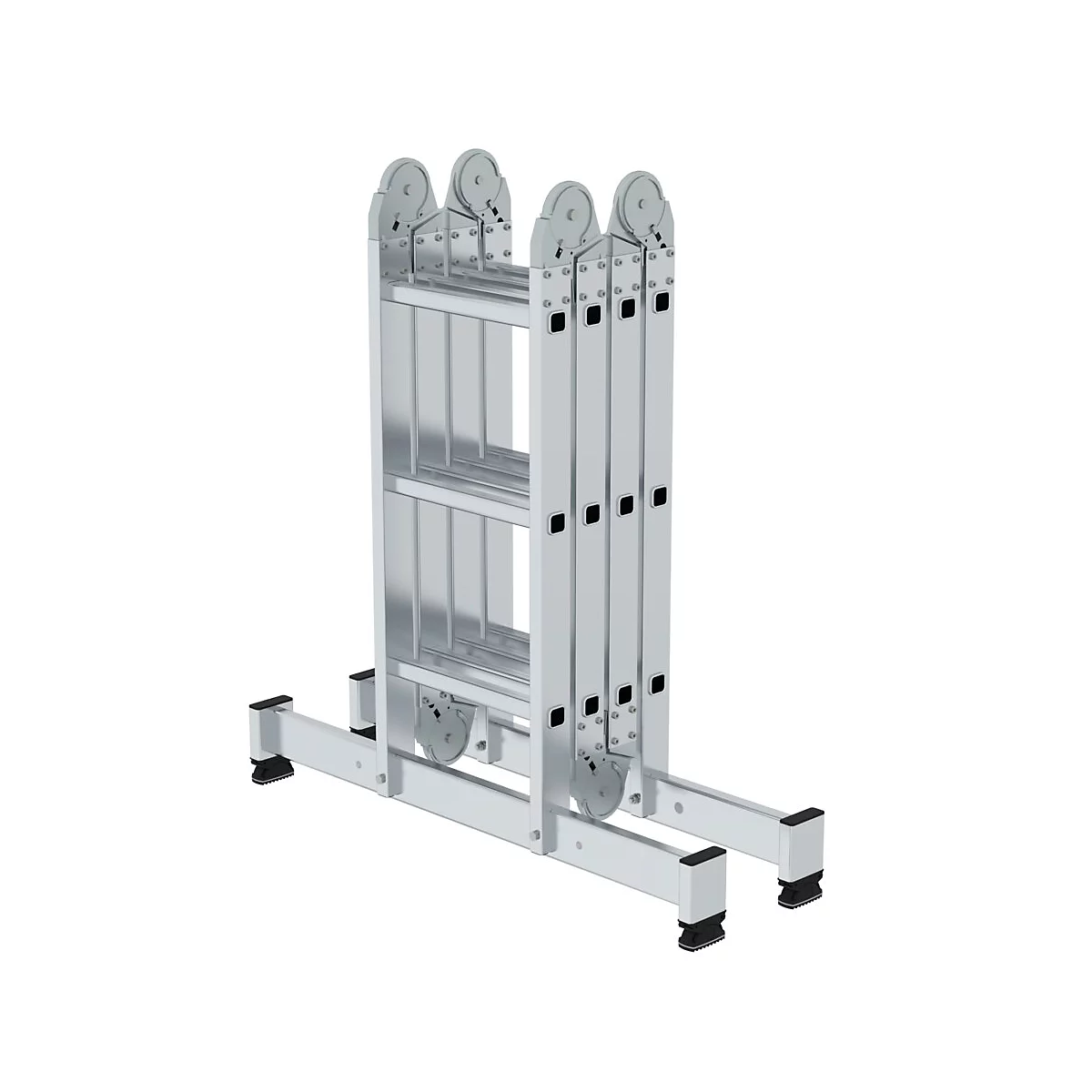 Een zilveren multifunctionele ladder, staand op een witte achtergrond. De ladder is opgevouwen en heeft meerdere scharnieren.