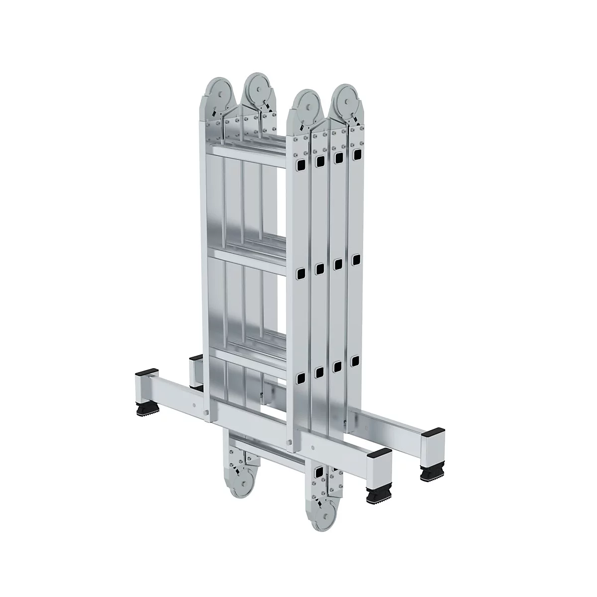 Multifunctionele ladder van aluminium. De ladder is opgevouwen en gedeeltelijk uitgeschoven, klaar voor gebruik.