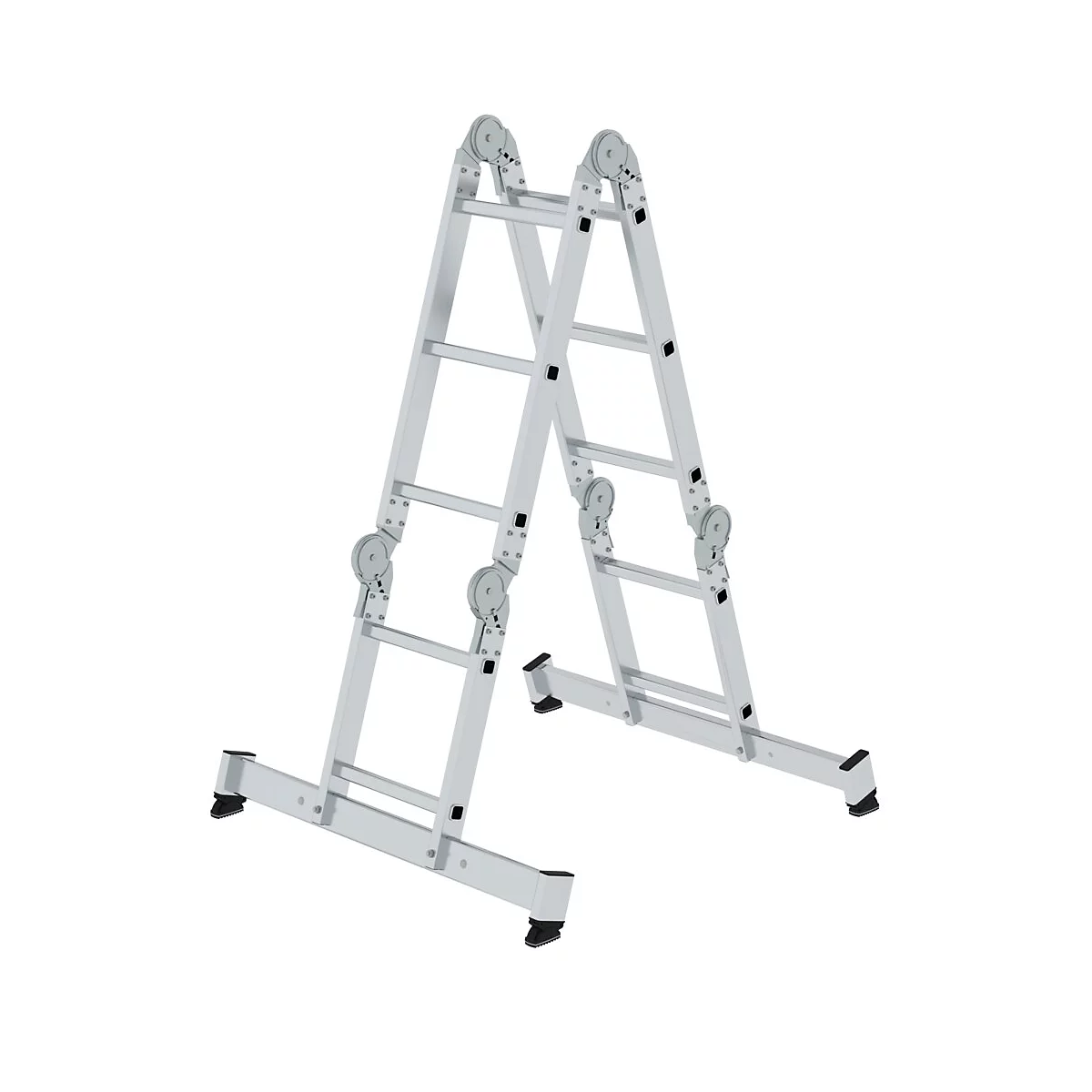 Aluminium ladder in A-vorm, vrijstaand op een witte achtergrond.