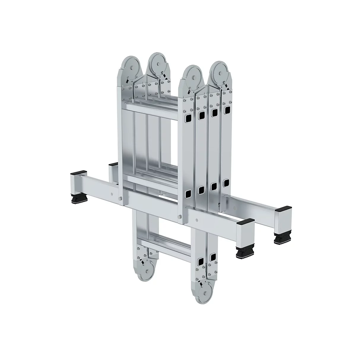 Multifunctionele aluminium ladder, uitgevouwen, met wielen en zwarte rubberen voeten.