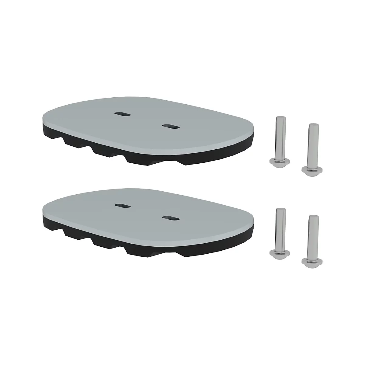 Twee grijze, ovale platen met zwarte randen en vier zilveren pinnen, detailopname.