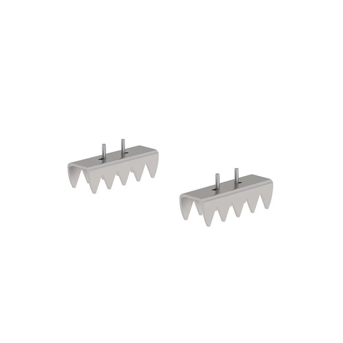 Twee metalen schilderijhangers met een zaagtandvormige onderkant en twee pinnen.