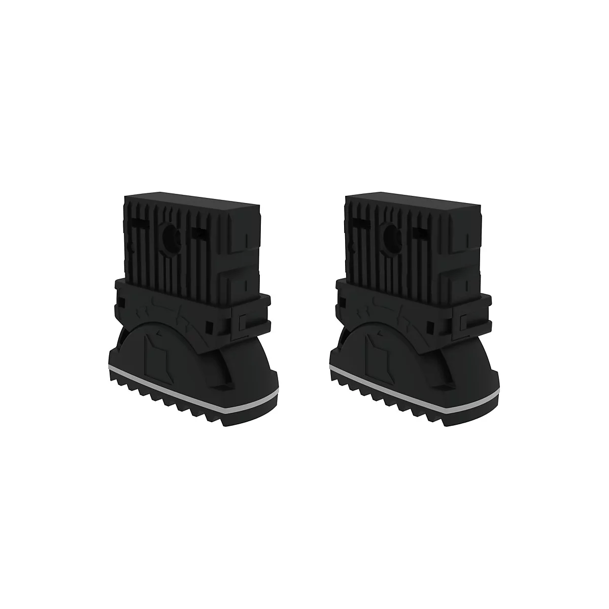 Deux pieds de robot noirs d'aspect futuriste. Chacun a un corps anguleux, un dessus strié et un dessous denté.