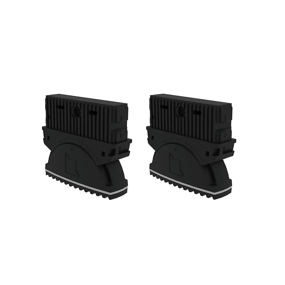 Deux appareils noirs d'aspect futuriste, avec une base dentelée et un dessus en bloc.