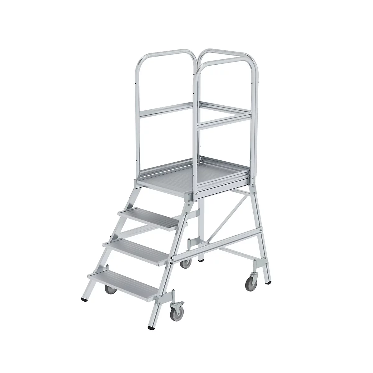 Een zilveren rolstepladder met een leuning voor veilig werken op hoogte.
