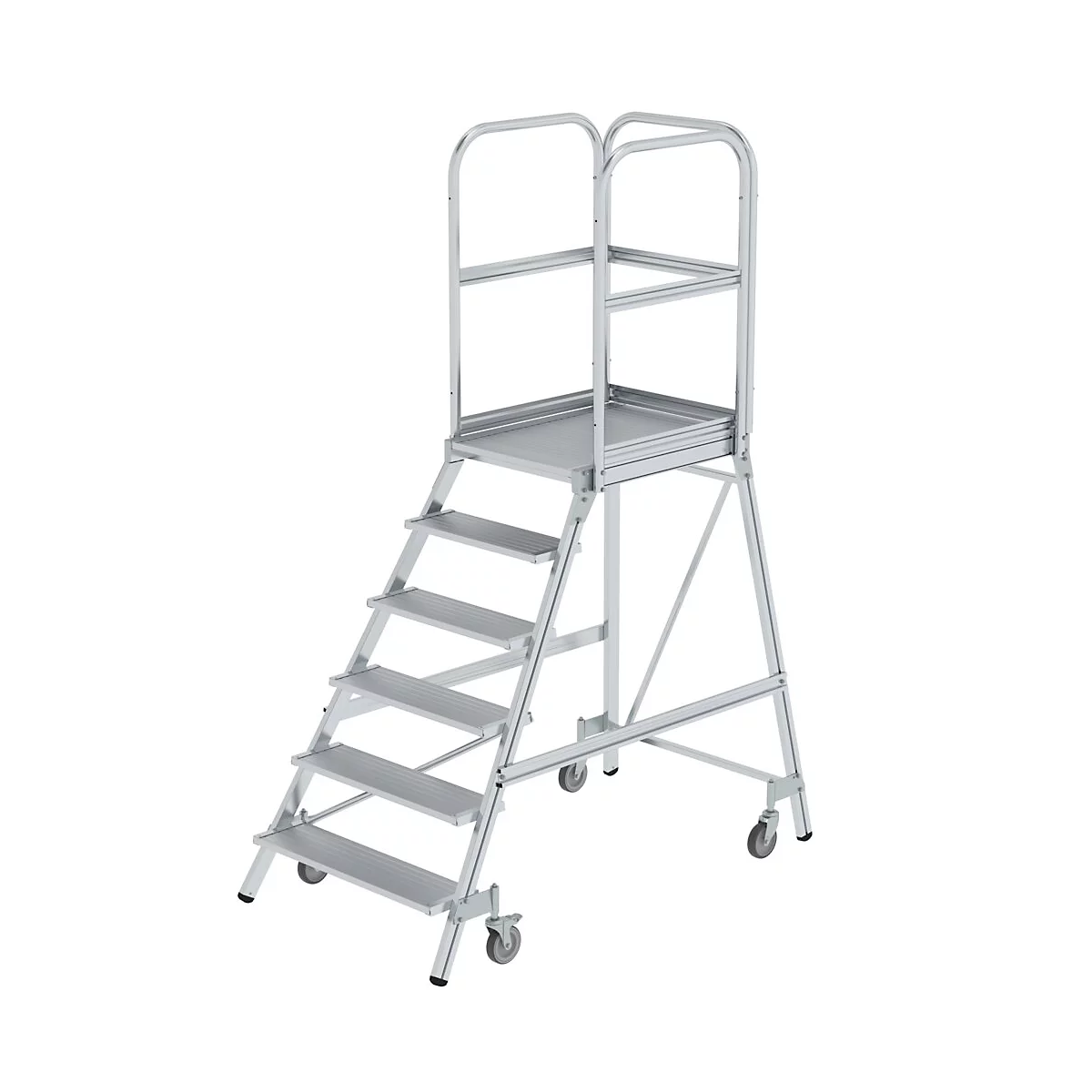 Een zilveren trap met zes treden, leuningen en wielen.