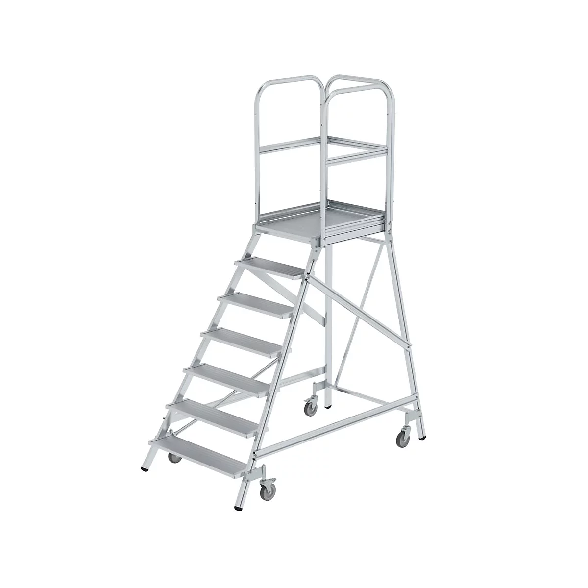 Grijze mobiele trap met zeven treden, platform en reling.