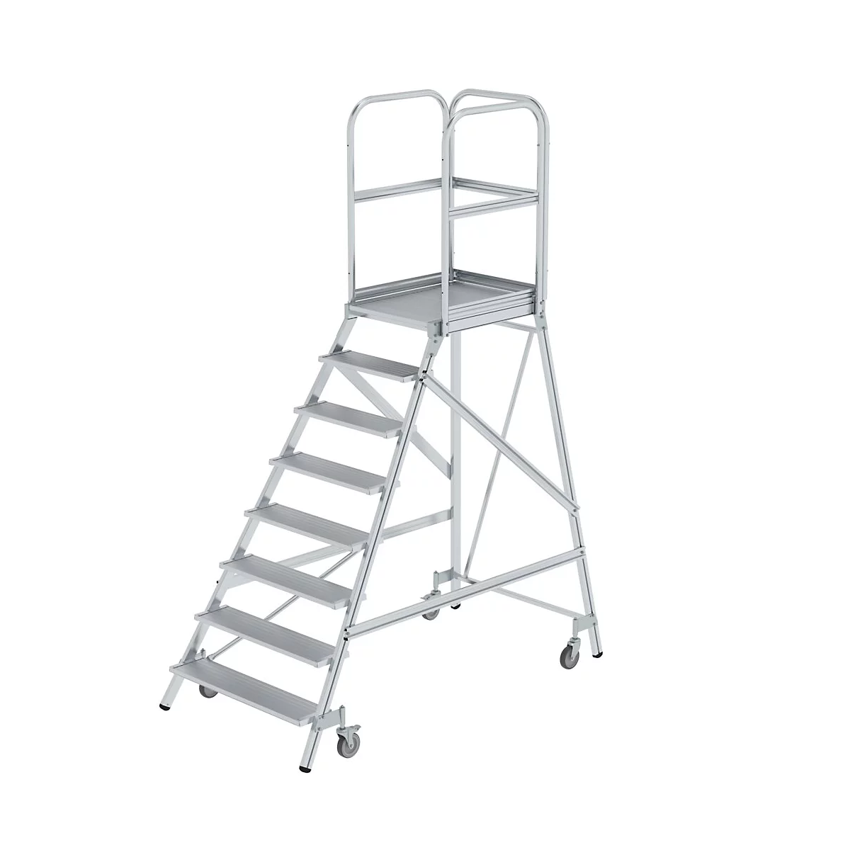 Een zilveren trap met acht treden en een leuning. Het heeft wielen om te bewegen.