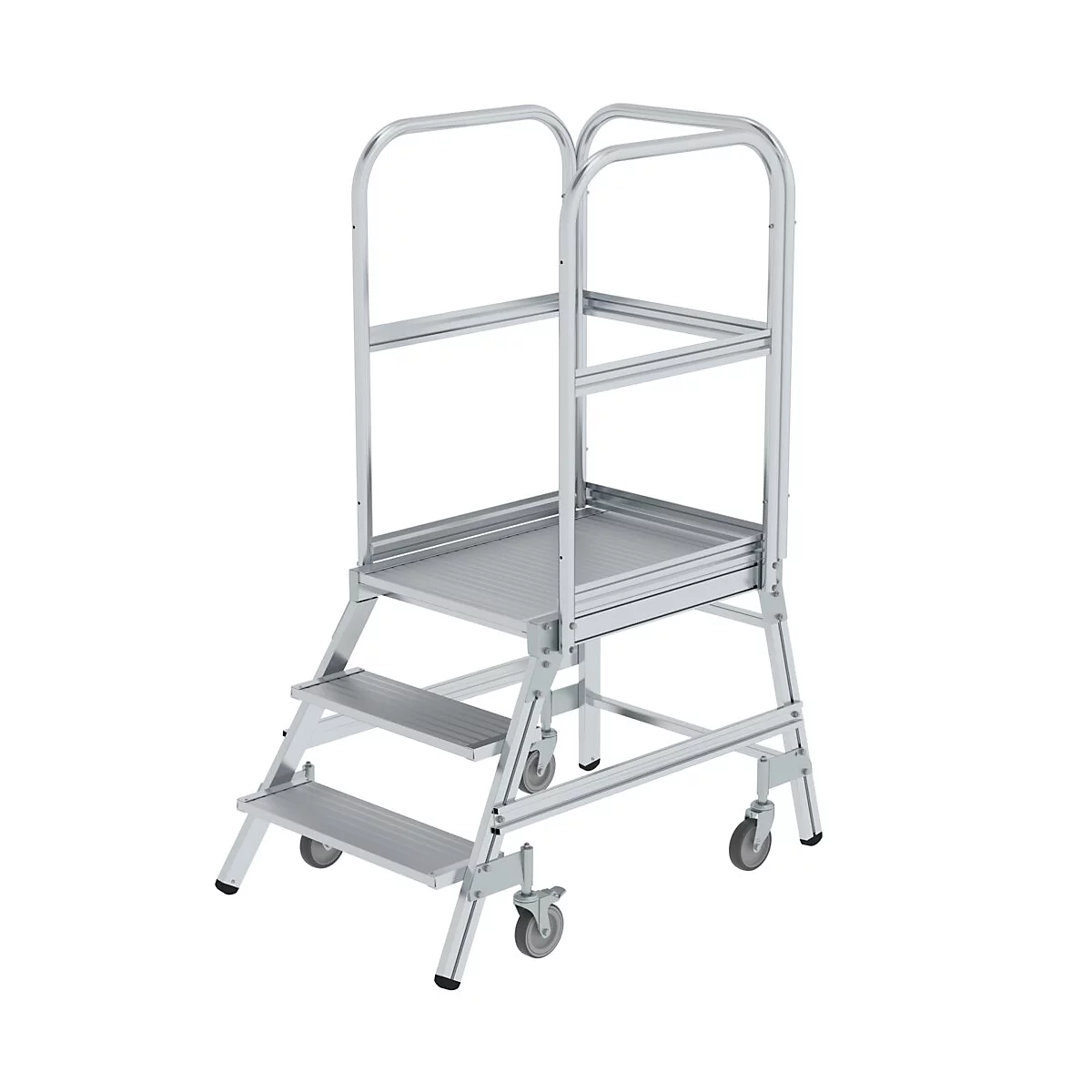 Eine silberne Arbeitsbühne mit Treppen, Rollen und Geländer.