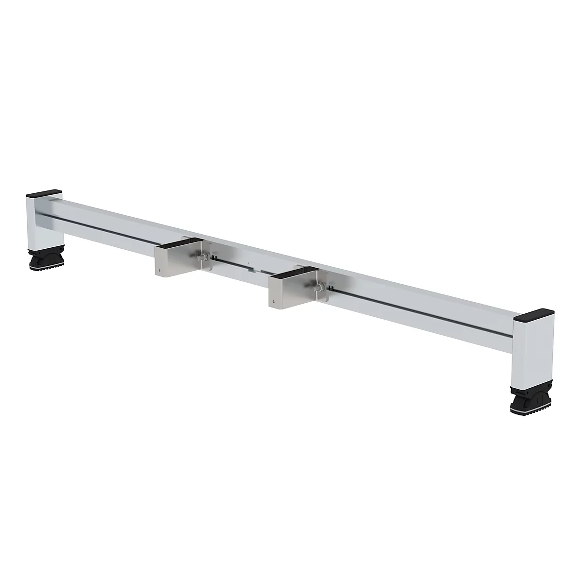 Een zilverkleurig, horizontaal metalen profiel met drie vierkante beugels en zwarte eindkappen, op een witte achtergrond.