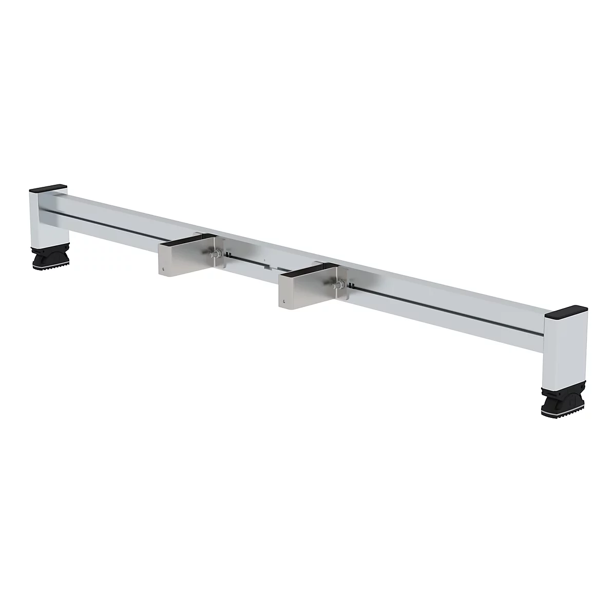 Een zilverkleurig, rechthoekig metalen profiel met zwarte eindkappen en metalen beugels. Het object is geplaatst tegen een witte achtergrond.