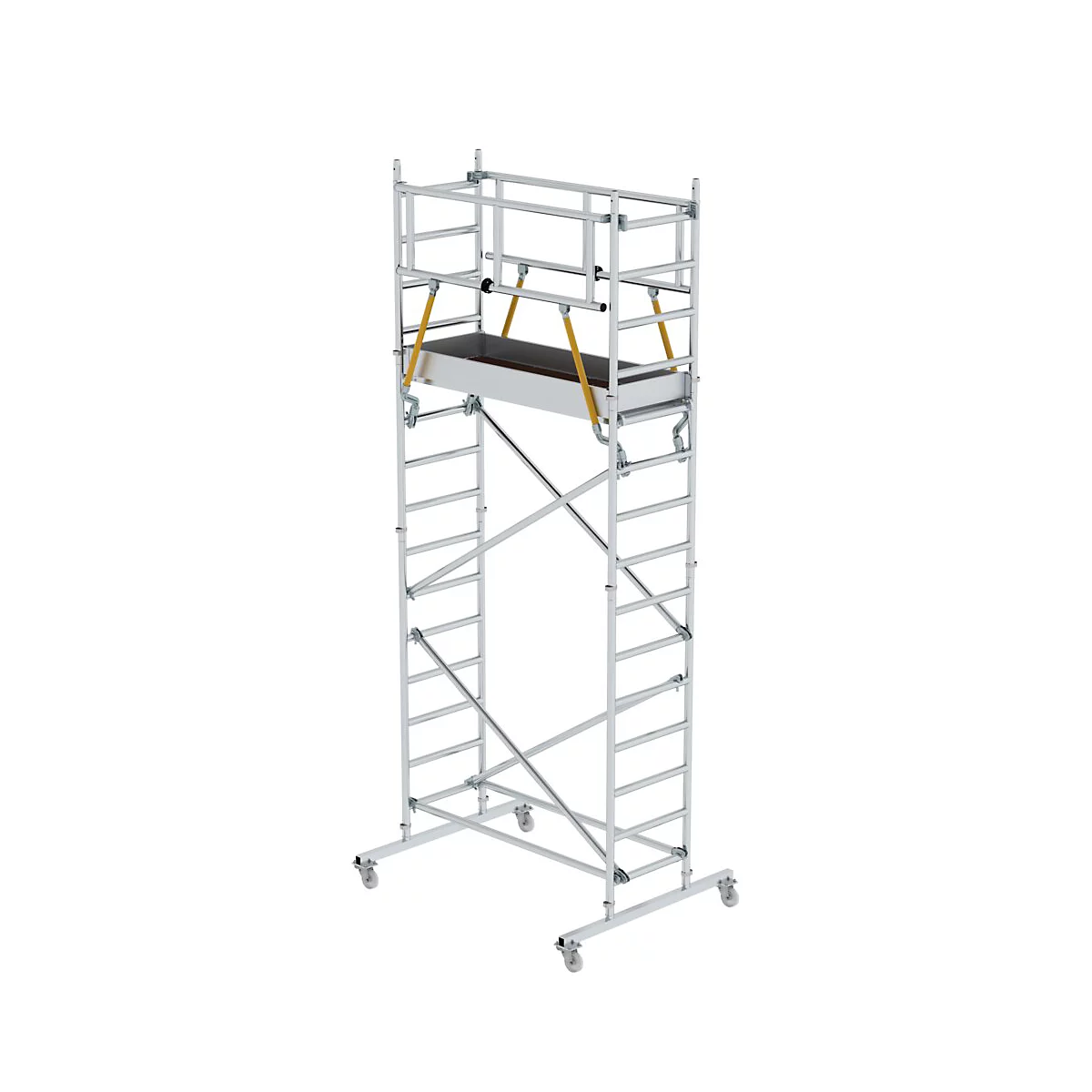 Steiger gemaakt van zilverkleurig metaal. Het staat op wielen en heeft een werkplatform.