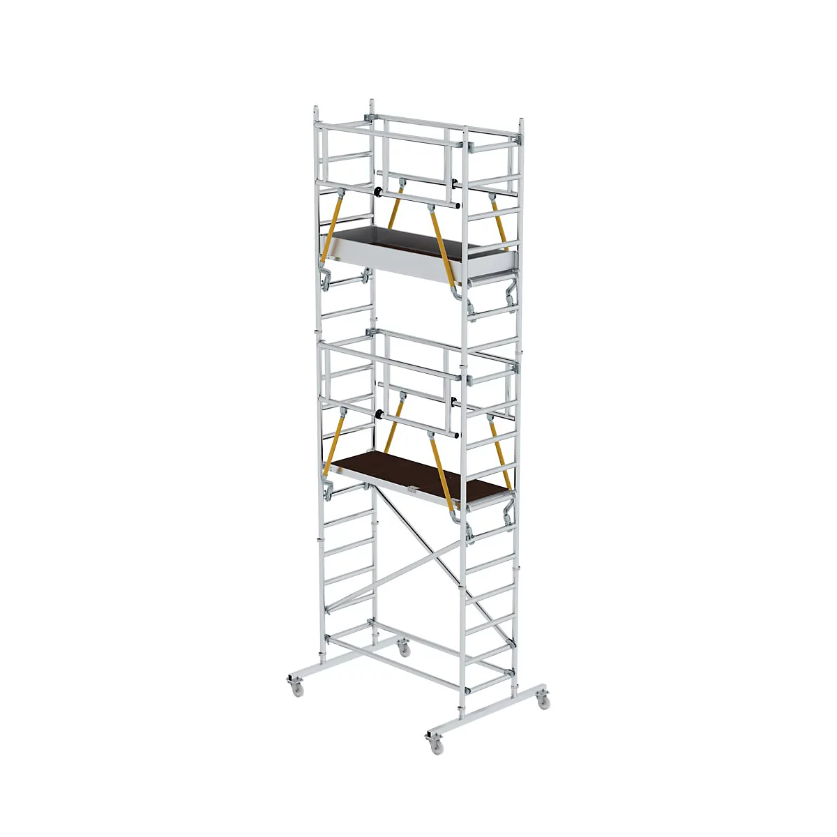 Een aluminium rolsteiger met twee platforms en wielen. De steiger staat tegen een witte achtergrond.