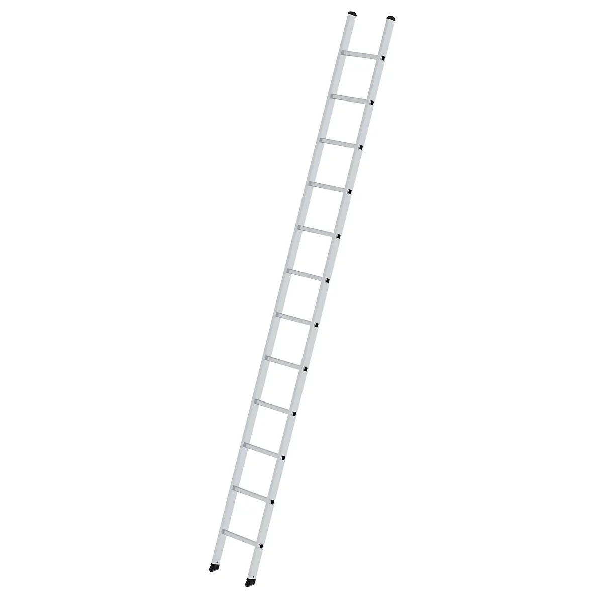 A silver ladder standing diagonally upwards against a white background.