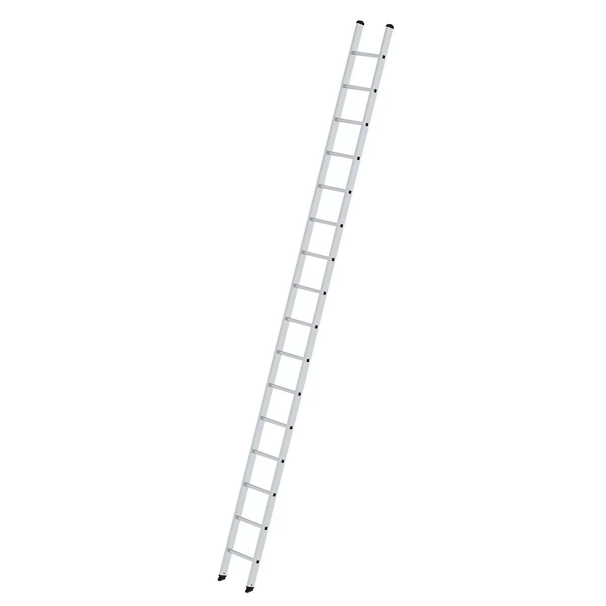 A gray ladder extending upwards diagonally against a white background.