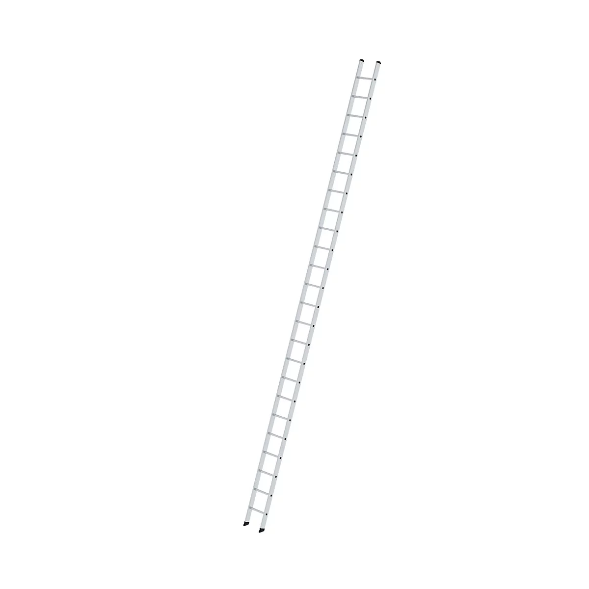 Gray aluminum ladder, angled upwards against a white background.