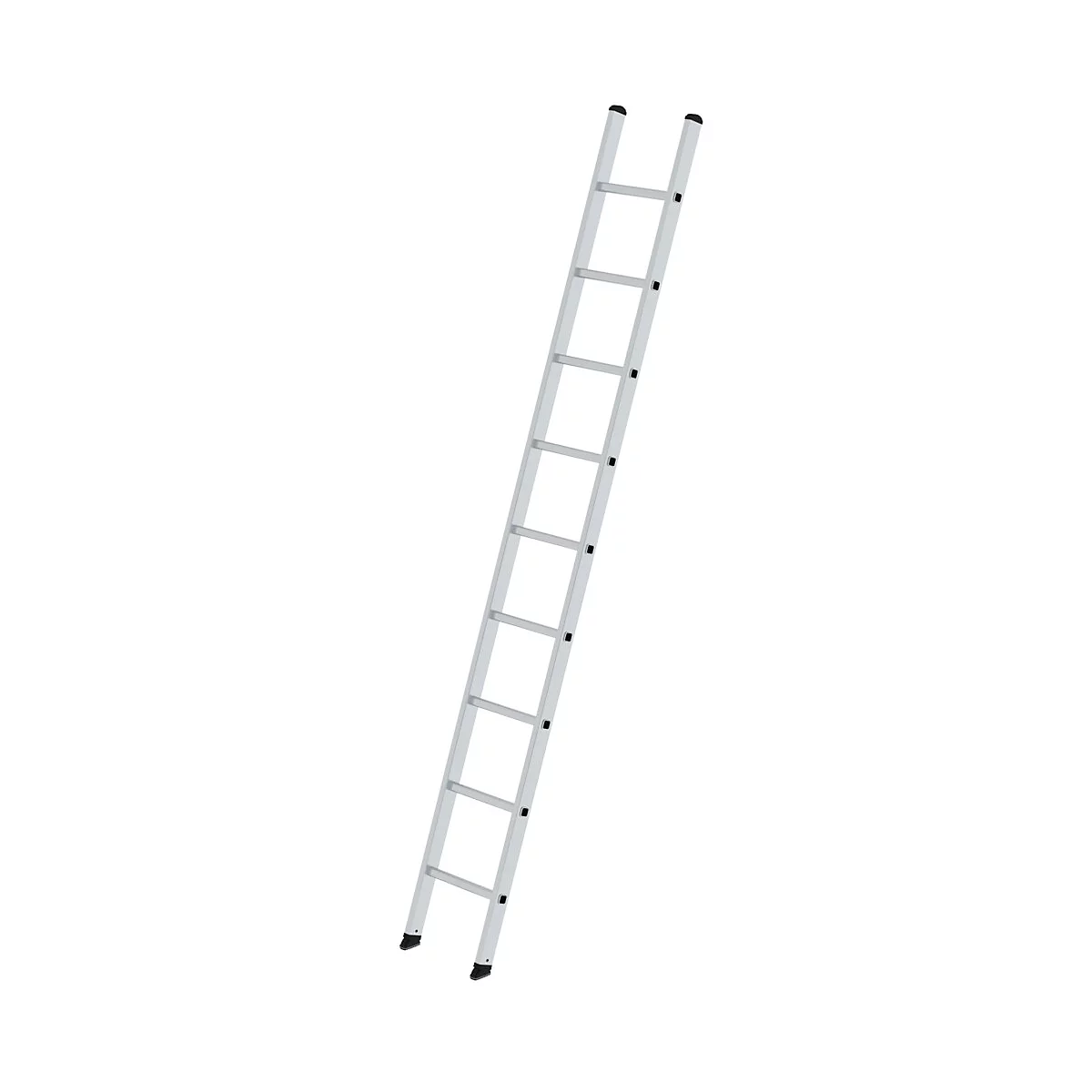An aluminum ladder is tilted on a white background. Black rubber feet and caps.
