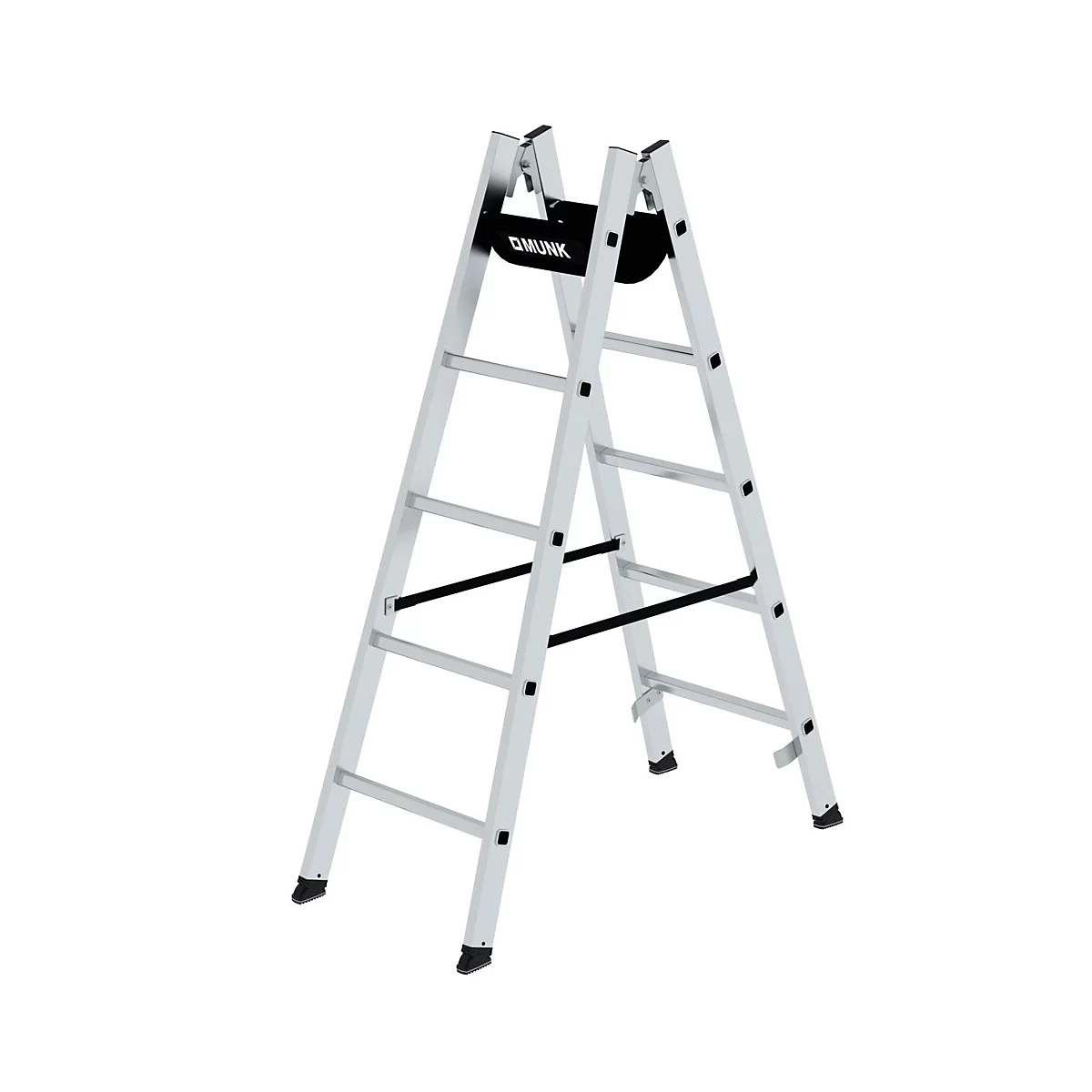 Een zilverkleurige, vrijstaande ladder. Opschrift: MUNK.