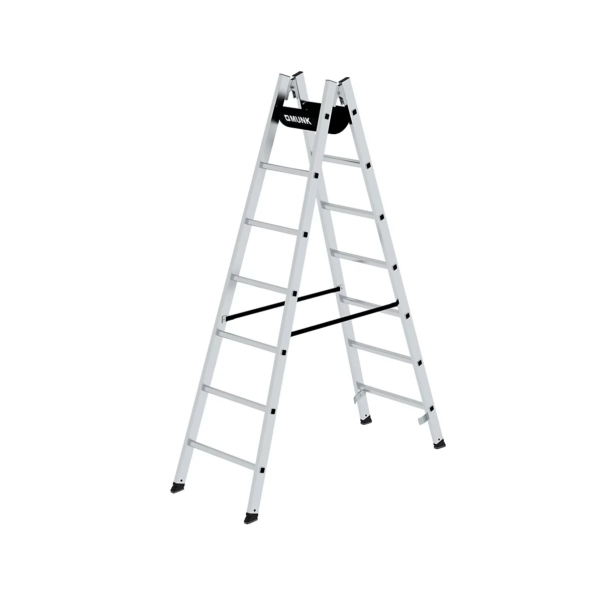 A-frame ladder van metaal, open op witte achtergrond. Zwarte beugel bovenaan met de inscriptie 'HUSKY'.