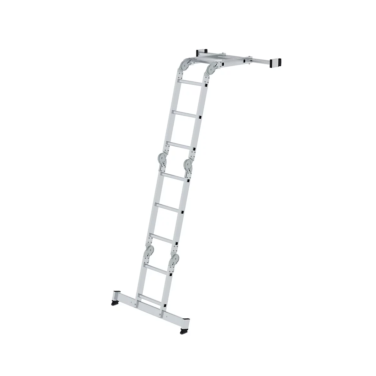 Eine silberne, vielseitige Leiter, teils aufrecht, teils horizontal. Das Design ermöglicht verschiedene Konfigurationen.