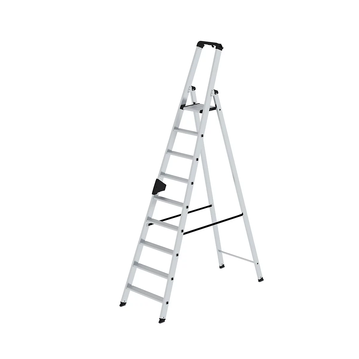 Leiter aus Aluminium, aufgestellt, mit schwarzen Kunststoffteilen.