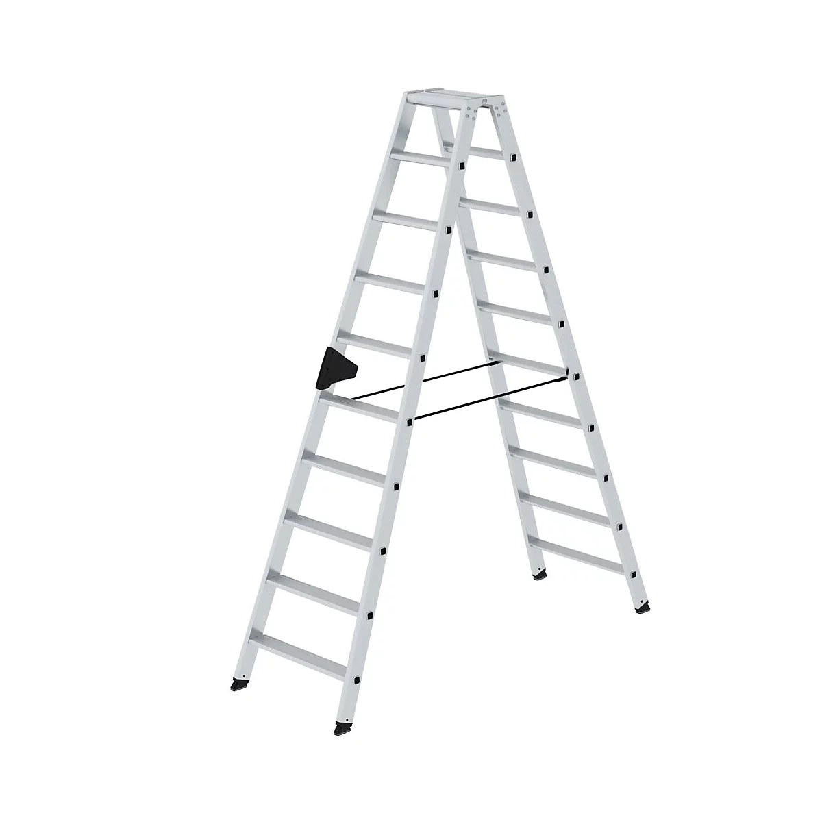 Een zilveren ladder staat rechtop, A-vormig. Zwarte kunststof onderdelen en een dwarsbalk stabiliseren de constructie.