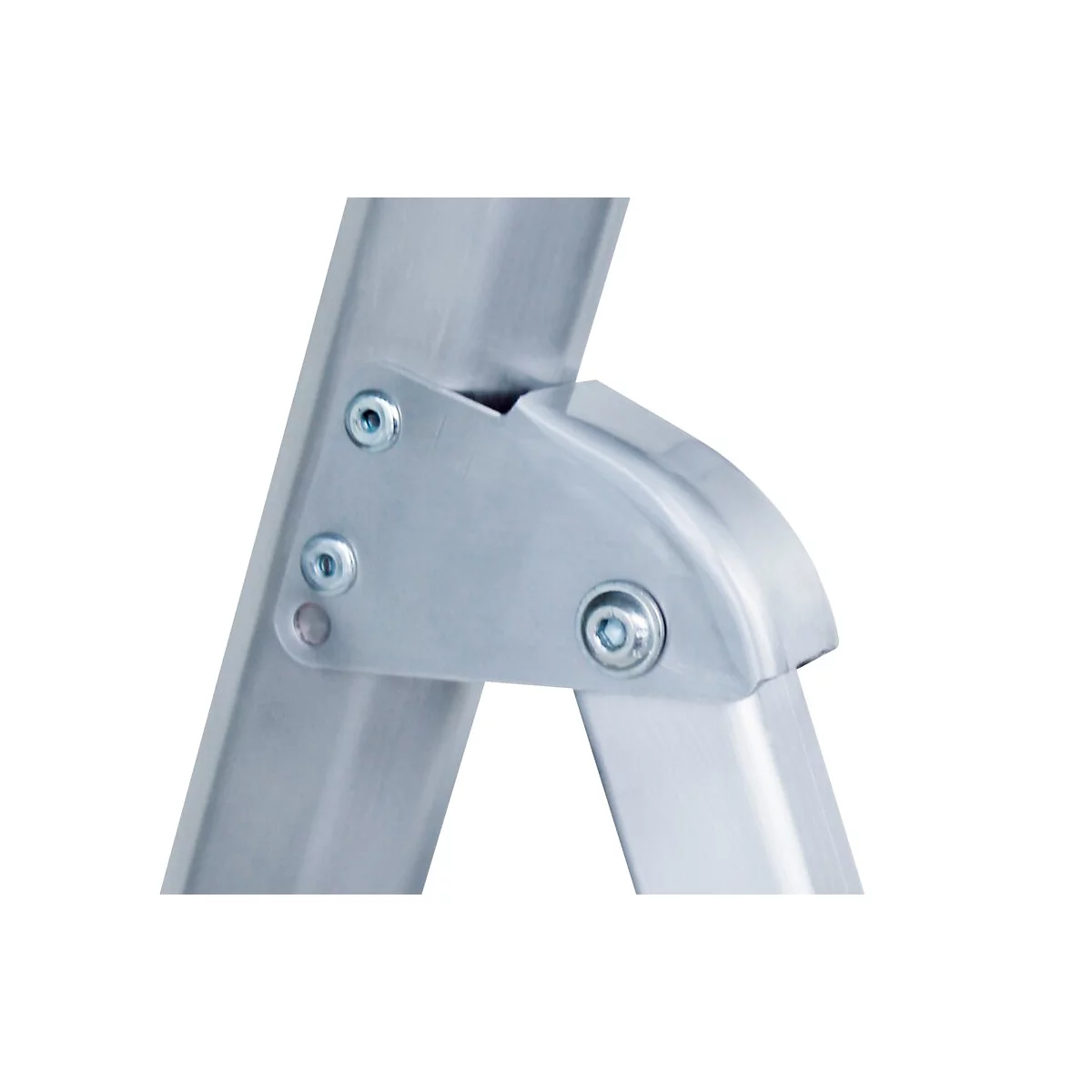 Close-up van een zilveren ladderverbinding met schroeven.