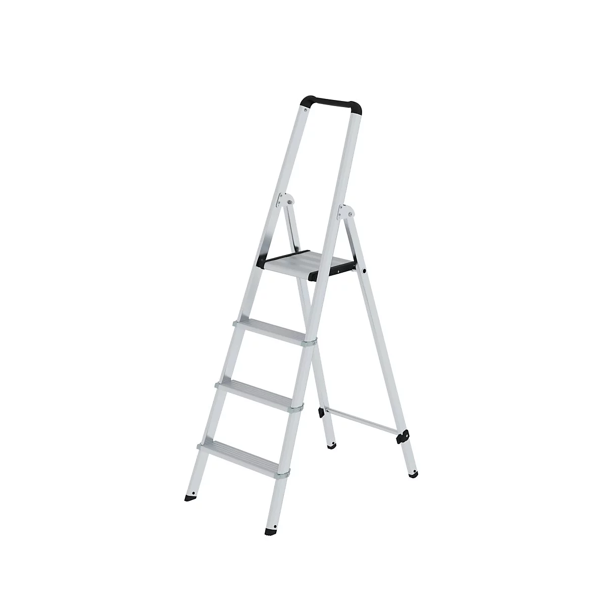 Opvouwbare aluminium ladder met vier treden en handvat, op een witte achtergrond.
