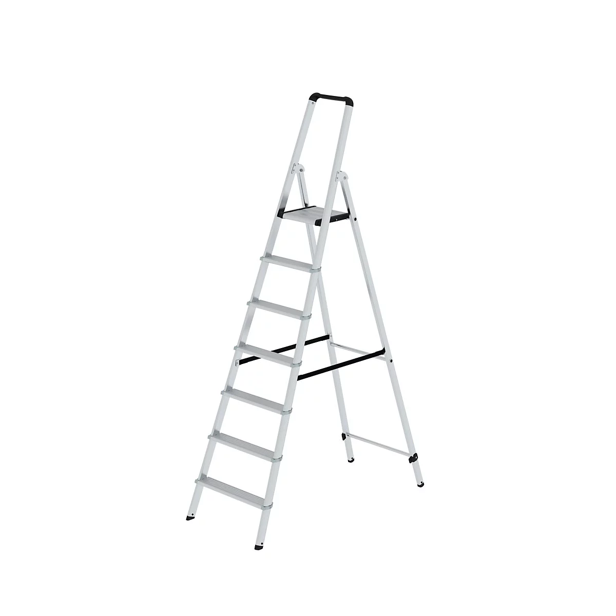 Zilveren metalen ladder, zeven treden, zwarte handgreep.