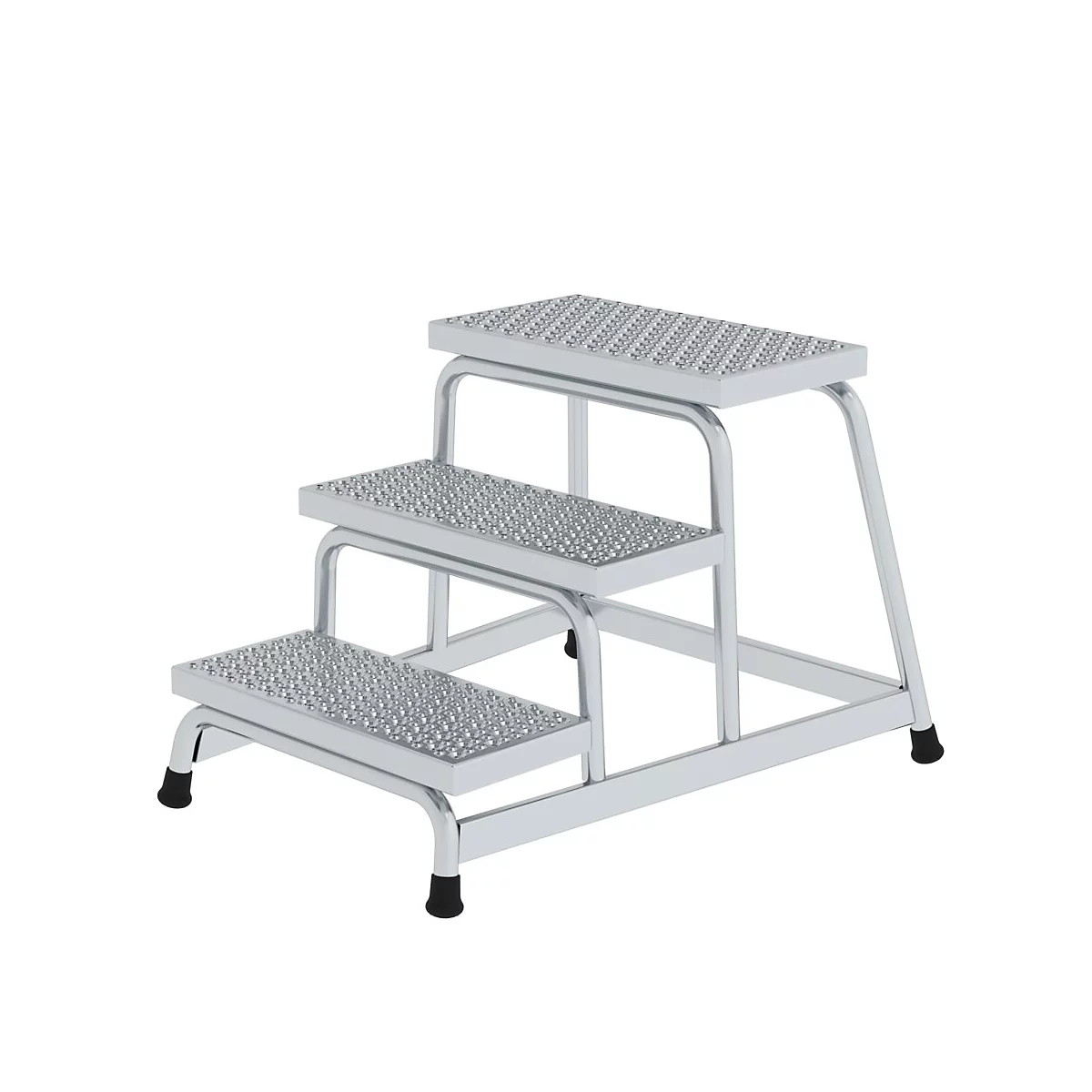 Een metalen trapje met drie treden, met antislip treden en zwarte rubberen voetjes.