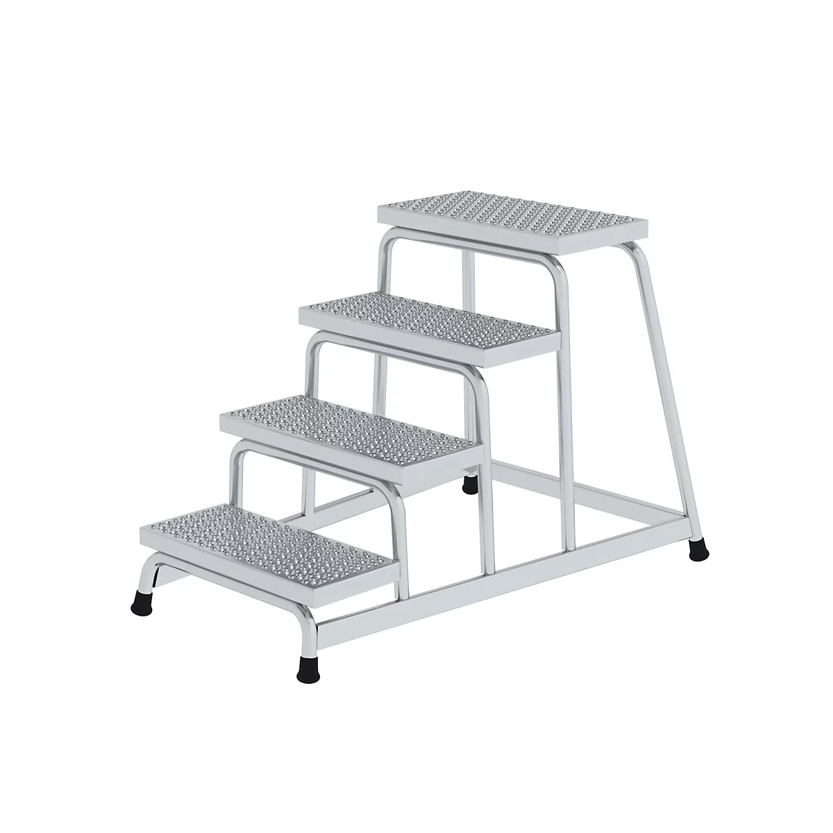 Zilveren trap met vier treden en antislip oppervlak. Zwarte rubberen voeten.