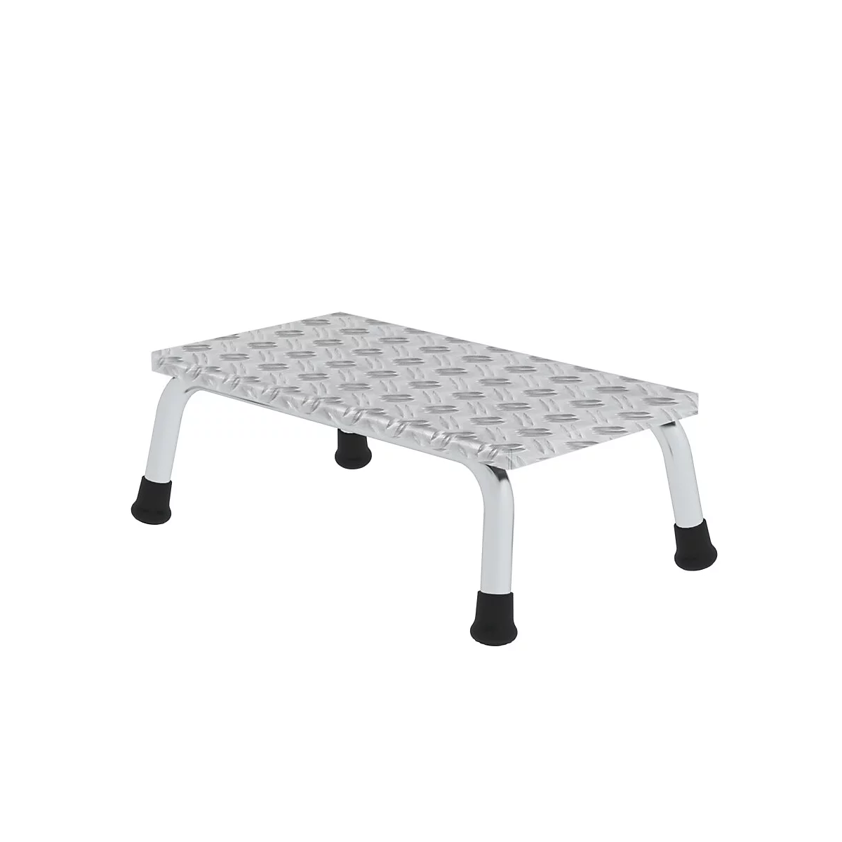 Aluminium opstapje met antislip oppervlak. Vier ronde, zilveren poten met zwarte rubberen voetjes.