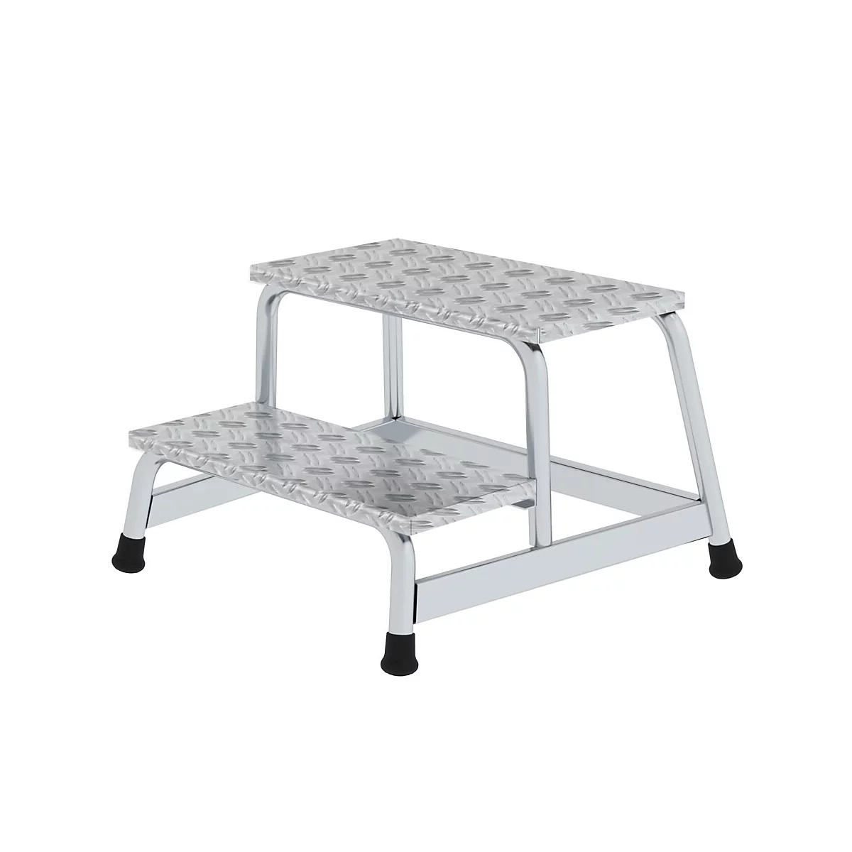 Een zilveren trap met twee treden en antislip oppervlak. Zwarte rubberen voetjes voor stabiliteit.