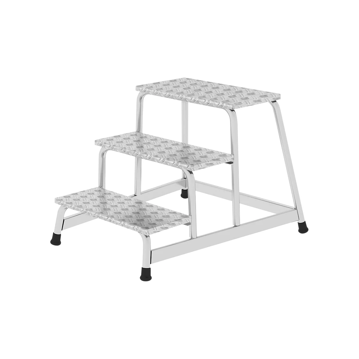 Zilveren trap met drie treden en gegroefde treden. Zwarte rubberen voeten zorgen voor een veilige stand.