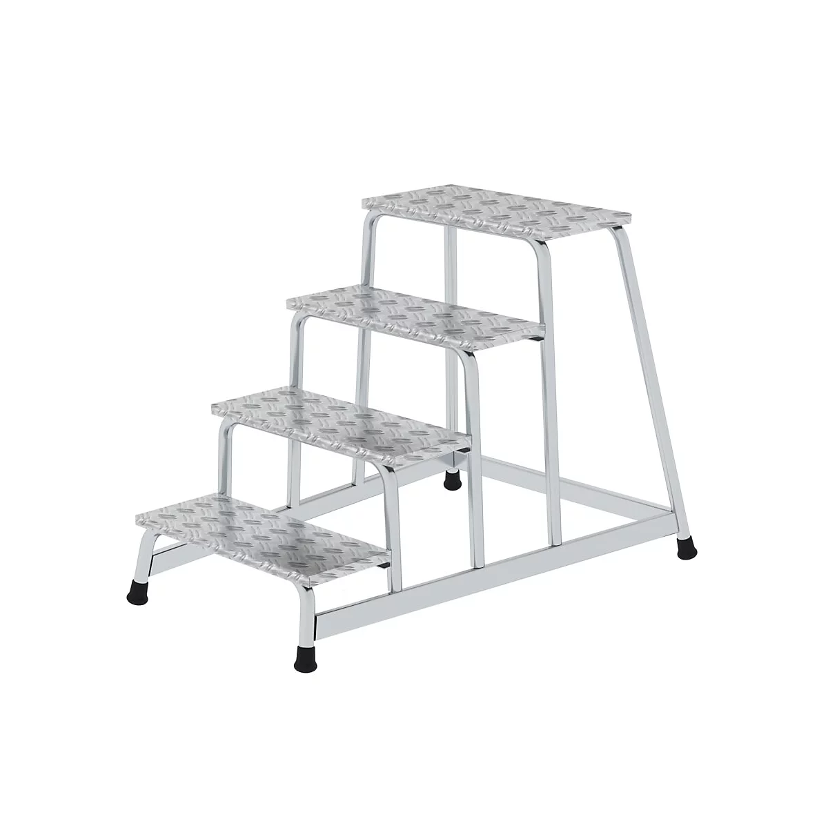 Vier-traps metalen trap met antislip oppervlak. De trap heeft een zilveren frame en zwarte rubberen voetjes.