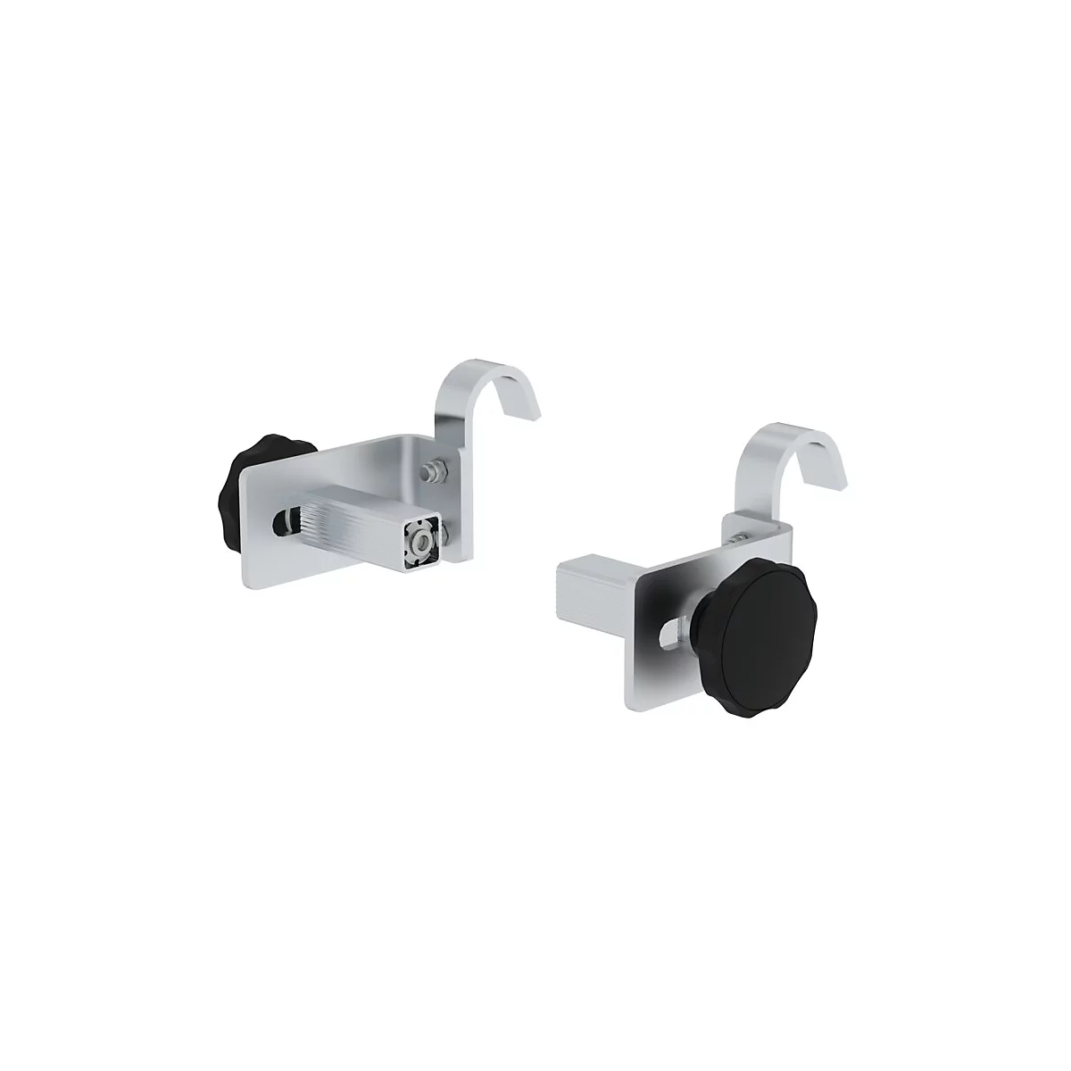 Twee zilveren metalen haken met zwarte knoppen.